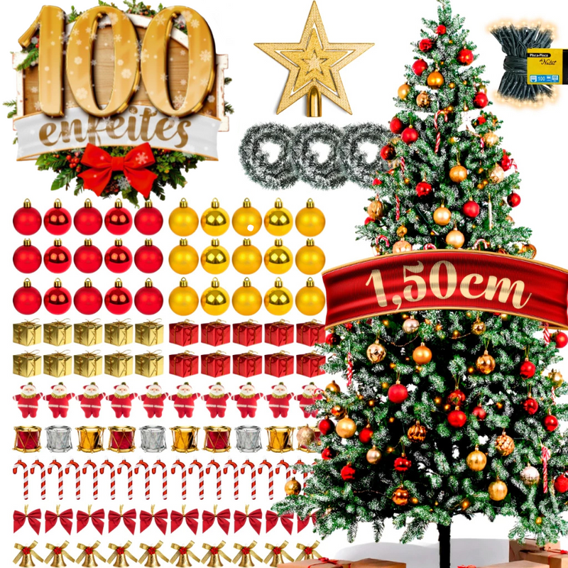 Árvore de Natal Decorada 150cm Nevada | 220 Galhos + 100 Enfeites Com Pisca Pisca