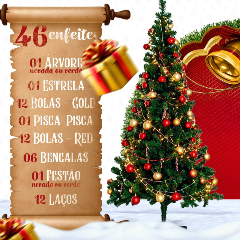 Árvore de Natal Decorada 120cm Verde | 110 Galhos + 46 Enfeites Com Pisca Pisca