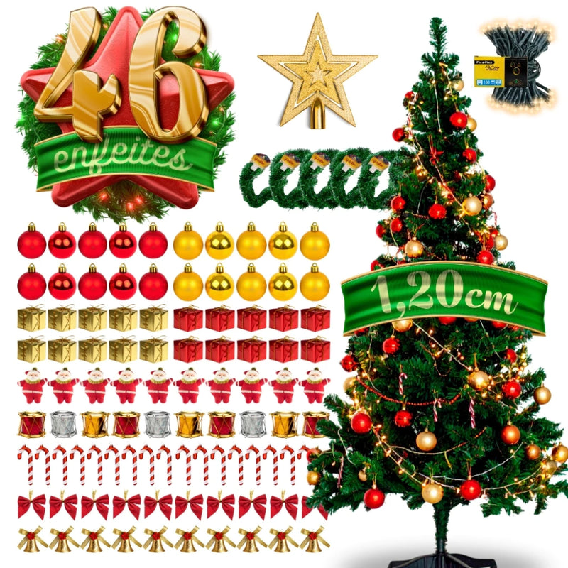 Árvore de Natal Decorada 120cm Verde | 110 Galhos + 46 Enfeites Com Pisca Pisca