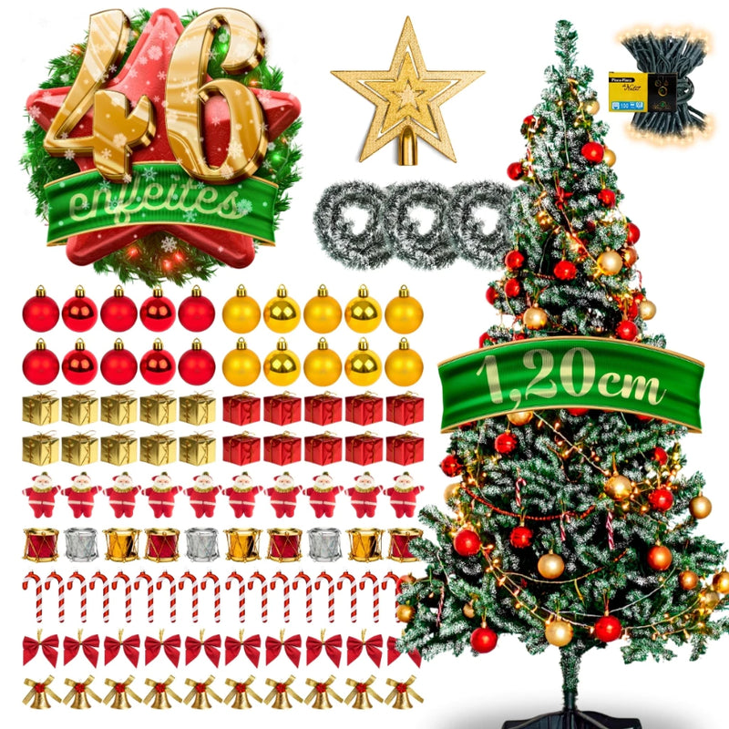 Árvore de Natal Decorada 120cm Nevada | 110 Galhos + 46 Enfeites Com Pisca Pisca