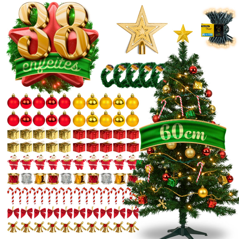 Árvore de Natal Decorada 60cm Verde | 50 Galhos + 38 Enfeites Com Pisca Pisca