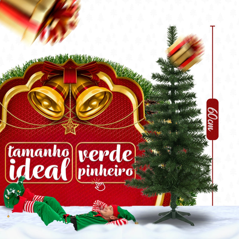 Árvore de Natal Decorada 60cm Verde | 50 Galhos + 38 Enfeites Com Pisca Pisca