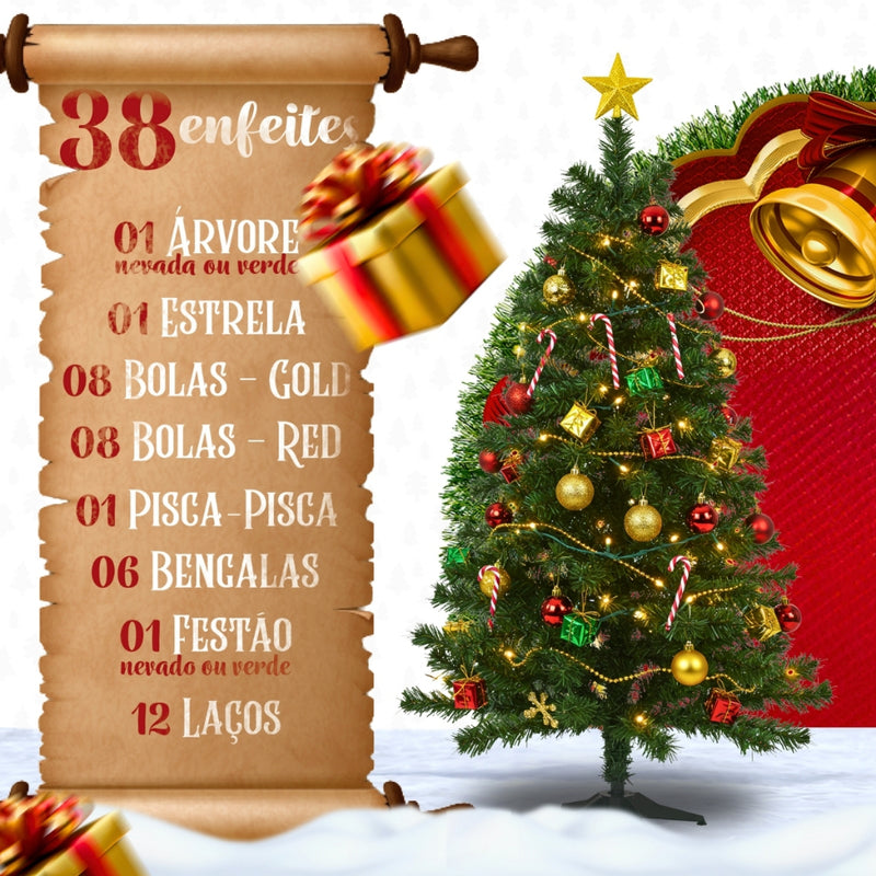 Árvore de Natal Decorada 60cm Nevada | 50 Galhos + 38 Enfeites Com Pisca Pisca