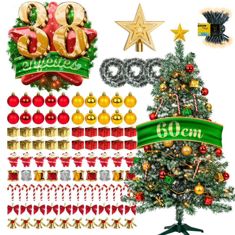 Árvore de Natal Decorada 60cm Nevada | 50 Galhos + 38 Enfeites Com Pisca Pisca