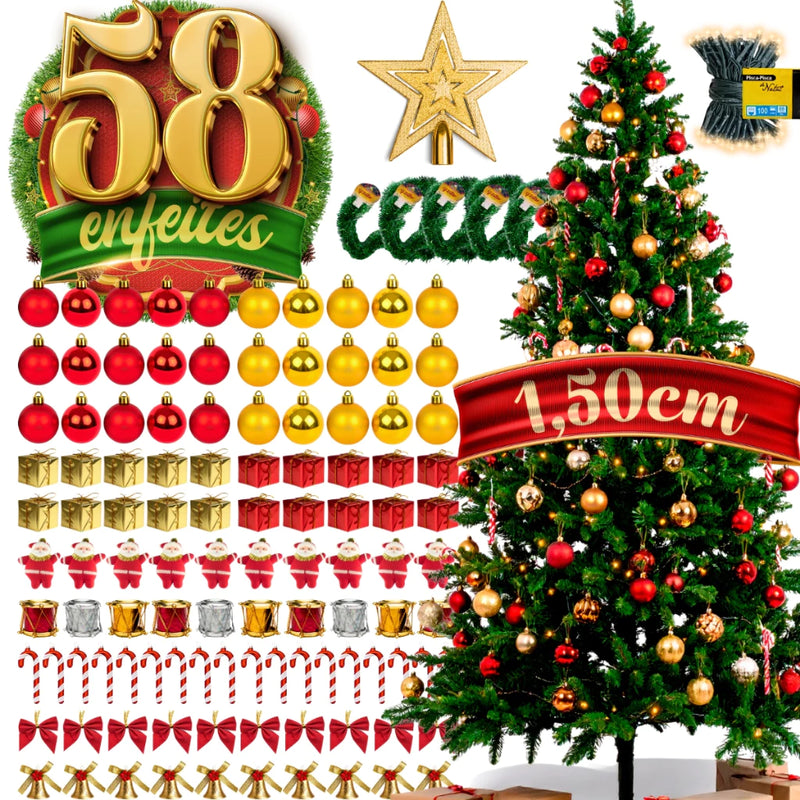 Árvore de Natal Decorada 150cm Verde | 220 Galhos + 58 Enfeites Com Pisca Pisca