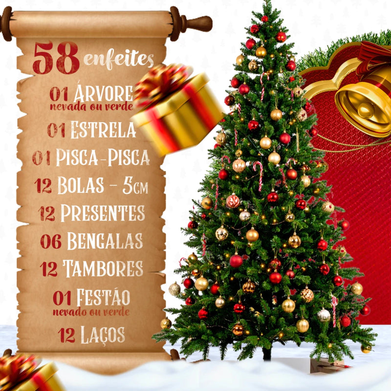 Árvore de Natal Decorada 150cm Nevada | 220 Galhos + 58 Enfeites Com Pisca Pisca