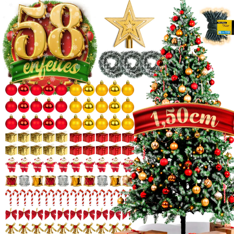 Árvore de Natal Decorada 150cm Nevada | 220 Galhos + 58 Enfeites Com Pisca Pisca