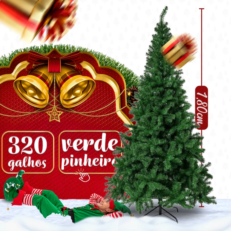 Árvore de Natal Decorada 180cm Verde | 320 Galhos + 100 Enfeites Com Pisca Pisca