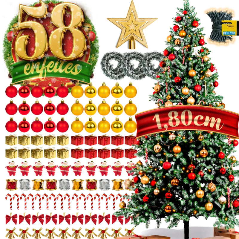 Árvore de Natal Decorada 180cm Nevada | 320 Galhos + 58 Enfeites Com Pisca Pisca
