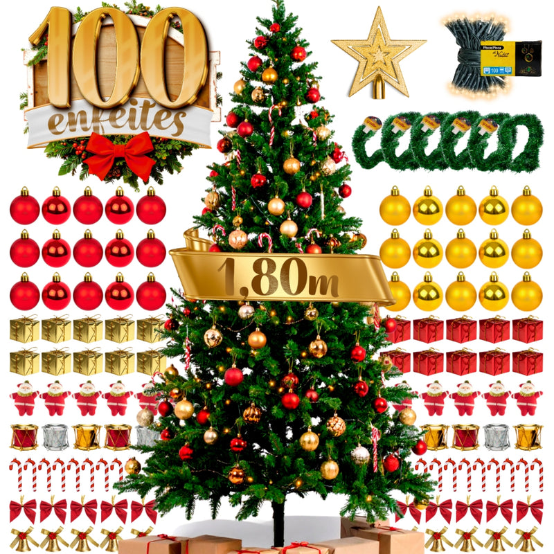 Árvore de Natal Decorada 180cm Verde | 320 Galhos + 100 Enfeites Com Pisca Pisca