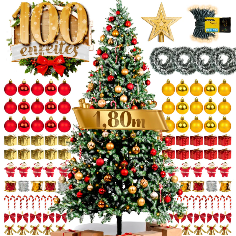 Árvore de Natal Decorada 180cm Nevada | 320 Galhos + 100 Enfeites Com Pisca Pisca