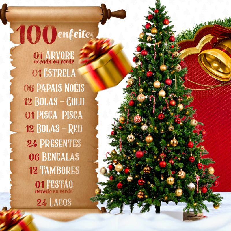 Árvore de Natal Decorada 150cm Nevada | 220 Galhos + 100 Enfeites Com Pisca Pisca