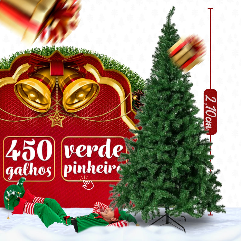 Árvore de Natal Decorada 210cm Verde | 450 Galhos + 100 Enfeites Com Pisca Pisca