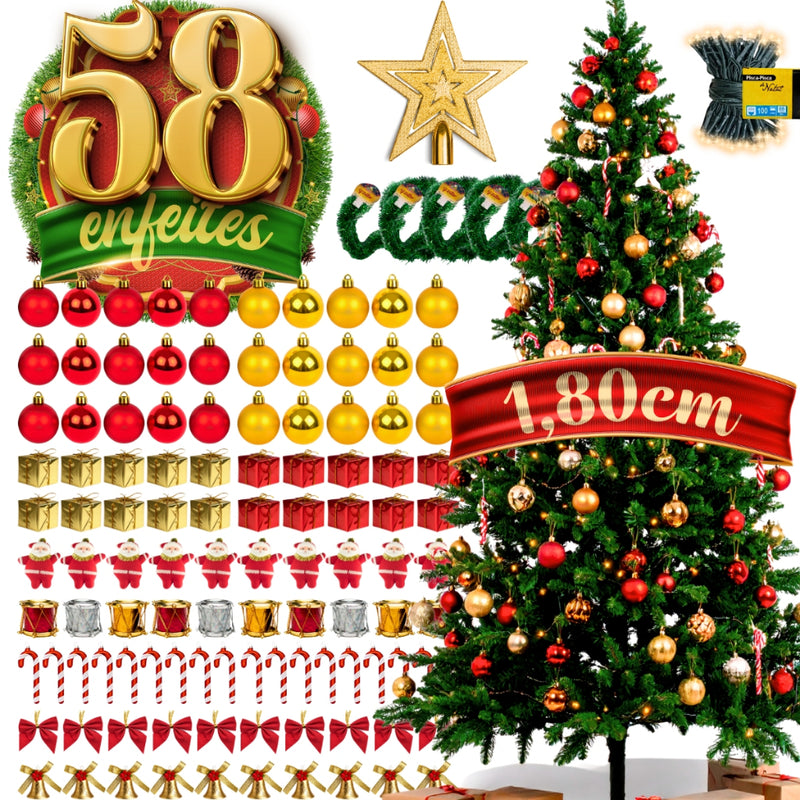 Árvore de Natal Decorada 180cm Verde | 320 Galhos + 58 Enfeites Com Pisca Pisca